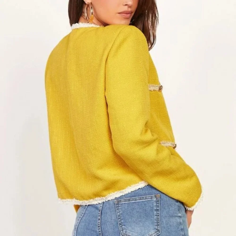 Tweed Raw Trim hem Button Front Jacket work office chic Yellow - Picture 3 of 5